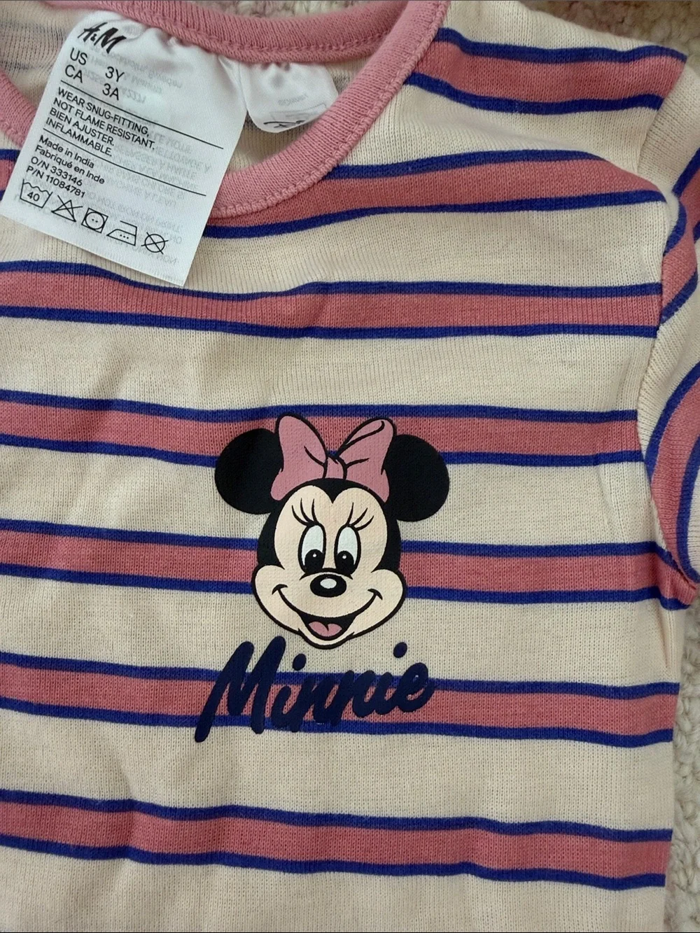 Disney Minnie Mouse Pink Cream Stripe Short Pajama Set H&M Size 3T NWT